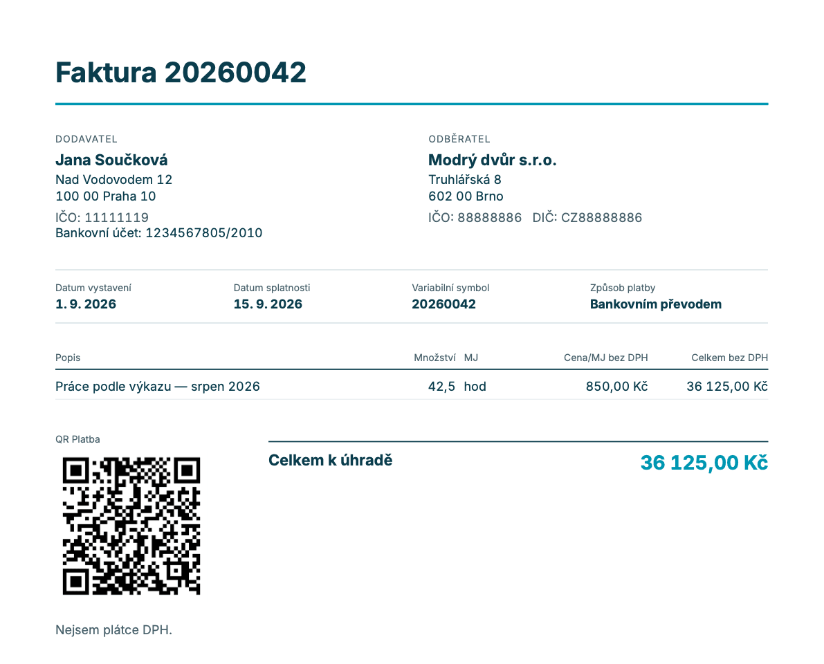 Ukázka faktury z kvitanda — položka podle výkazu, celková částka a QR Platba